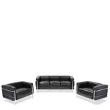 Pair of LC2 Grand Confort Chairs and LC2 Sofa by Le Corbusier, Charlotte Perriand & Pierre Jeanneret, for Cassina, black leather, tubular steel, chairs with Atelier International Ltd paper labels on underside, sold Oct 2025
