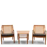 Pair of FD-146 Easy Chairs and Side Table by Peter Hvidt & Orla Mølgaard-Nielsen, , teak, cane, plastic and metal cording, upholstery, sold Oct 2025