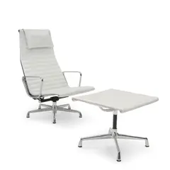 50th Anniversary Edition Aluminum Group Chair and Ottoman by Charles Eames and Ray Eames, for Herman Miller, chromed aluminum, leather, impressed Herman Miller marks on underside of ottoman, sold Oct 2025