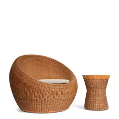 Isamu Kenmochi, Yamakawa Chair and Planter/Catchall, rattan, upholstery