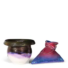 Susanne Stephenson, Jardiniere and Lidded Vessel, glazed ceramic, underside of jardiniere faintly incised 'SGS', underside of lidded vessel marked in black 'SGS' and 'C'
