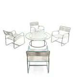 Walter Lamb, Four Lounge Chairs and Round Coffee Table, for Brown Jordan, bronze tubing, rubber cord, glass