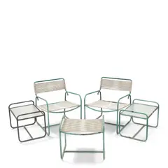 Two Lounge Chairs, Two Low Occasional Tables, One Ottoman by Walter Lamb, for Brown Jordan, bronze tubing, rubber cord, glass, sold Oct 2025
