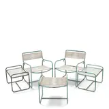 Walter Lamb, Two Lounge Chairs, Two Low Occasional Tables, One Ottoman, for Brown Jordan, bronze tubing, rubber cord, glass