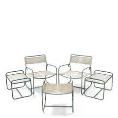 Walter Lamb, Two Lounge Chairs, Two Side Tables, One Ottoman, for Brown Jordan, bronze tubing, rubber cord, glass