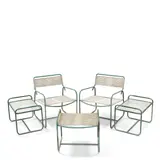Walter Lamb, Two Lounge Chairs, Two Side Tables, One Ottoman, for Brown Jordan, bronze tubing, rubber cord, glass