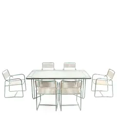 Walter Lamb, Six Armchairs and Rectangular Dining Table, for Brown Jordan, bronze tubing, rubber cord, glass