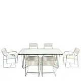 Walter Lamb, Six Armchairs and Rectangular Dining Table, for Brown Jordan, bronze tubing, rubber cord, glass