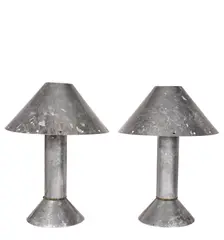 Ron Rezek, Pair of Zinc Table Lamps, patinated zinc, brass, with maker's label to the underside of the base