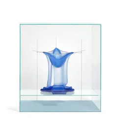 Sydney Cash, Untitled (Blue Trifold), slumped glass, plate glass, wire, steel wall mount, signed and dated 'CASH 81'
