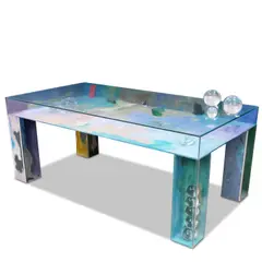 Commissioned Dining Table by Therman Statom, hand painted and applied glass, steel, mixed media, offered Oct 2025