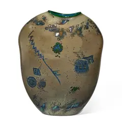 Petroglyph Vessel by William Morris, blown glass, incised 'William Morris 1985' along lower edge, sold Oct 2025