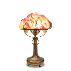 Pairpoint, Puffy Rose Table Lamp, reverse-painted glass, patinated metal, stamped 'Pairpoint Corp
