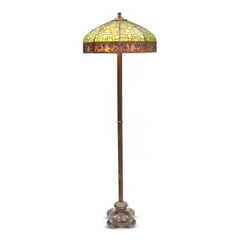 Floor Lamp with Palm Border by Handel, slag and overlaid glass, patinated metal, impressed 'HANDEL PAT'D, sold Jul 2025