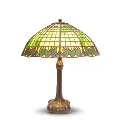 Teroca Table Lamp by Handel, overlaid slag glass, patinated metal, stamped 'HANDEL PAT'D, sold Jul 2025