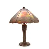 Handel, Landscape Table Lamp, reverse-painted chipped ice glass, patinated metal, signed 'HANDEL 6470' to interior of shade, shade stamped 'HANDEL PAT'D