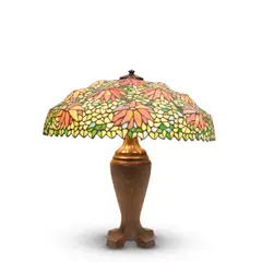 Floral Table Lamp by Handel, leaded glass, patinated metal, tag-stamped 'HANDEL' to interior of shade, raised signature 'HANDEL' to underside of base, sold Jul 2025