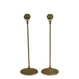 Tiffany Studios, Pair of Candlesticks, patinated bronze with intaglio finish, one stamped 'TIFFANY STUDIOS NEW YORK 1213'
