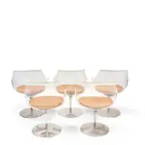 Erwine & Estelle Laverne, Set of Five Champagne Dining Chairs, plexiglass, aluminum, faux leather