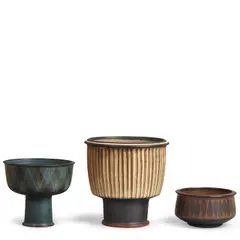 Harrison McIntosh, Two Bowls and a Compote, glazed stoneware, each with stamped artist's chop mark and studio sticker on underside, tallest bowl with price sticker number '72146'