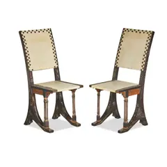 Pair of Side Chairs by Carlo Bugatti, ebonized walnut, inlaid pewter, hammered copper, parchment, sold Mar 2025