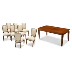 André Arbus, Dining Table and Eight Chairs, rosewood, mahogany, brass, upholstery, with two later added extension leaves