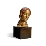 Alfred Janniot, Nymph Head From the 'Homage to Jean Goujon' (Right Detail), gilt and cold painted bronze, on patinated bronze base
