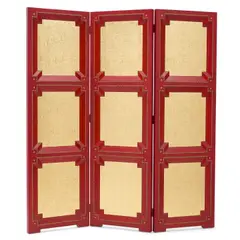 Peter Schifando & Co., Custom Three Panel Floor Screen, embossed, tooled and gilded leather, brass nail head trim
