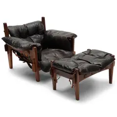 Sergio Rodrigues, Mischievous Chair and Ottoman, rosewood, re-covered in vintage leather
