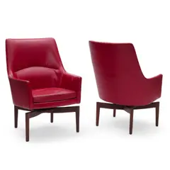 Jens Risom, Pair of Highback Swivel Chairs, leather upholstery, walnut, one chair with Jens Risom Design Inc