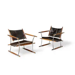 Pair of 'Stokke' Lounge Chairs by Jens Quistgaard, manufactured by Nissen, Langå, chromed steel, rosewood, leather, sold Mar 2025