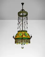 Tiffany Studios, Special Order Moorish Turtleback Chandelier, leaded, opalescent and polychrome glass, patinated bronze