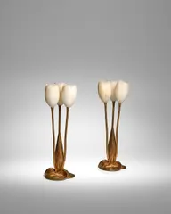 Albert Cheuret, Pair of 'Tulip' Table Lamps, gilt bronze, carved alabaster