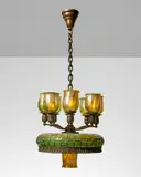 Tiffany Studios, Hanging Lamp, leaded glass, patinated bronze, favrile glass, shades engraved 'L