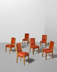André Sornay, Set of Six Dining Chairs, walnut, leather, one stamped 'A Sornay'