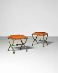 Diego Giacometti, Pair of 'X-Form' Stools, Troisième Version, patinated bronze, leather upholstered cushions, each stamped 'DIEGO DG'
