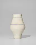 Lucie Rie, Footed Vase, porcelain, matte white glaze with pale blue concentric circles, impressed with artist's monogram