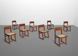 Set of Eight Chairs by Pierre Jeanneret, teak, cane, each with upholstered seat cushion, each with painted mark, offered Jun 2025