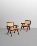 Pair of Easy Armchairs by Pierre Jeanneret, teak, cane, upholstered seat cushion, painted marks 'Pu/Pb/Nr-90' and 'Pu/Pb/Nr-85', sold Jun 2025