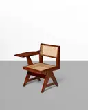 Writing Chair by Pierre Jeanneret, teak, cane, fabric-upholstered cushion, painted mark 'P, sold Jun 2025