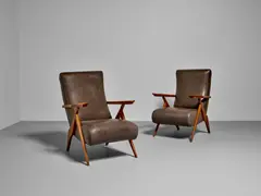 Antonio Gorgone, Pair of Adjustable Armchairs, walnut, brass, leather
