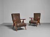Antonio Gorgone, Pair of Adjustable Armchairs, walnut, brass, leather