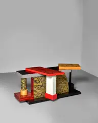 Prototype 'Tartar' Console Table by Ettore Sottsass, for Memphis Milano, laminate over wood, stained plywood, lacquered wood, sold Jun 2025