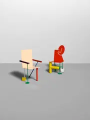 Peter Shire, Two Chairs, enameled steel, painted mark 'L