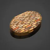 Line Vautrin, Poudrier, Bronze doré, talosel, incrustations de miroir, miroir et tissu