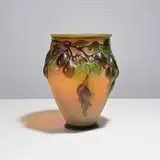 Vase aux quetsches by Établissements Gallé, A signed 'aux quetsches' vase in mold-blown multilayered glass with rotating damsons decoration by Établissements Gallé, sold Oct 2025
