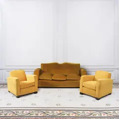Jules Leleu, Salon, A set including a sofa and two armchairs in lacquered wood and velvet upholstery by Jules Leleu circa 1942-1946