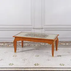 Jules Leleu, Table basse, Sapelli moiré, verre églomisé et bronze
