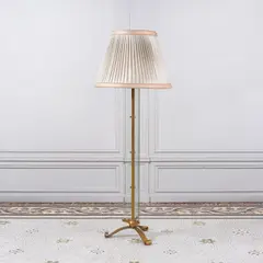 Jules Leleu, Lampadaire, A floor lamp in brass and glass by Jules Leleu circa 1942-1946