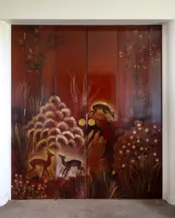 Pierre Dunand, Double porte pliante à six volets, A signed six-panel double door in lacquer, wood and brass by Pierre Dunand for Maison Leleu circa 1942-1946